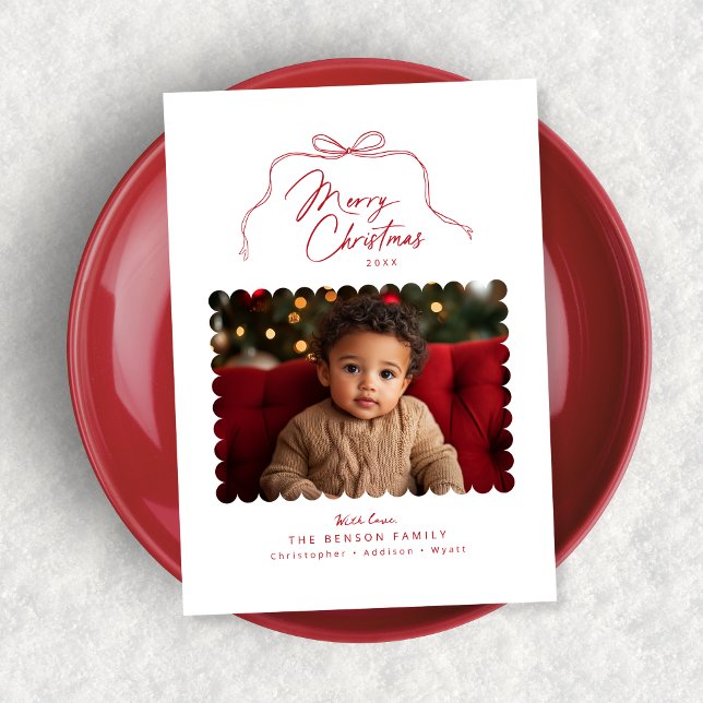 Red Simple Bow Scalloped Photo jul Card Julkort (Shown on a 5" x 7" card)
