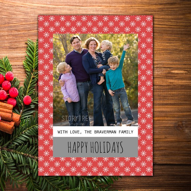 Red Simple Snowflake Helgdag Photo Flat Card Julkort (Red Simple Snowflake Holiday Photo Card)