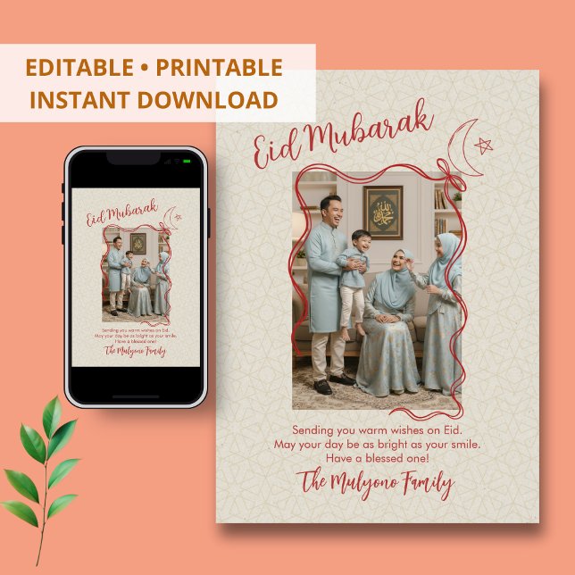 Red Sketch Ribbon Crescent Moon Photo Eid Mubarak  Julkort (Skapare uppladdad)