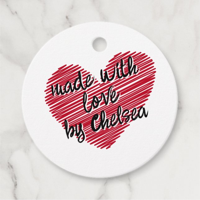 Red Sketchy Heart "Made with Kärlek" Gåvor Etiketter (Framsida)