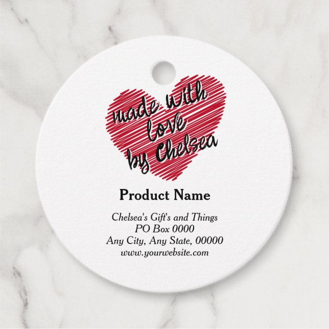 Red Sketchy Heart "Made with Kärlek" Product Märkr Gåvor Etiketter (Framsida)