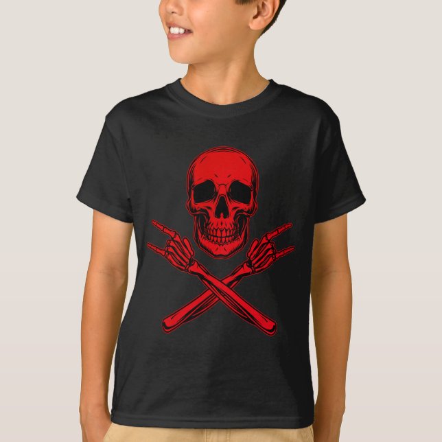 Red Skull och cross händer, Skull Rockin händer T Shirt (Framsida)