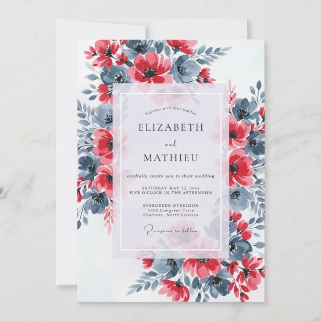 Red Slate Blue Dramatic Floral Wedding Inbjudningar (Framsida)