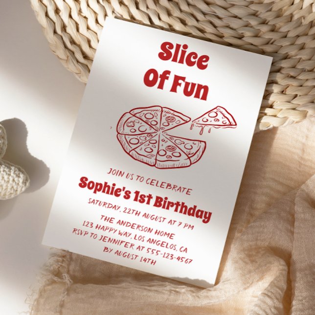 Red Slice of Fun Pizza First Birthday Party   Inbjudningar (Skapare uppladdad)