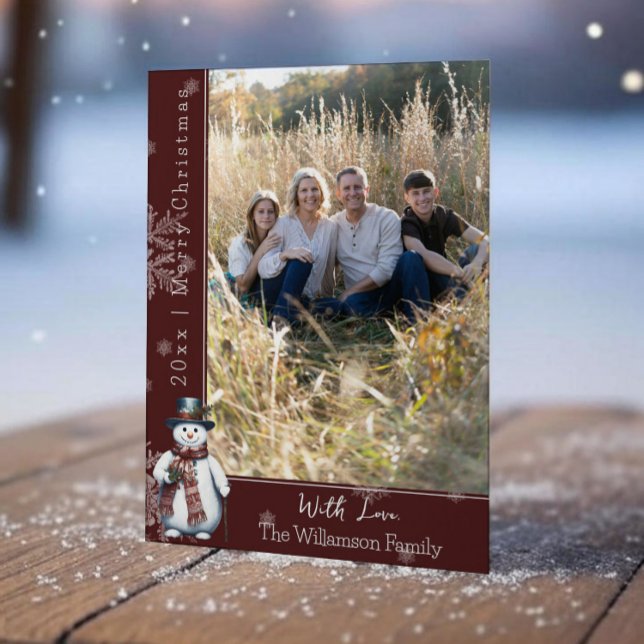 Red Smiling Snögubbe Photo Helgdag Card Julkort (Red Smiling Snowman Holiday Photo Card)