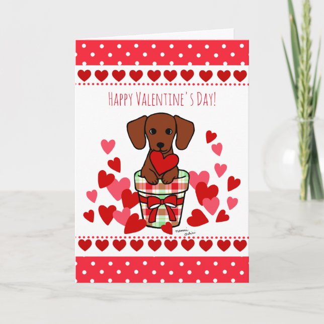 Red Smooth Dachshund Valentine Day Card Helgkort (Framsida)