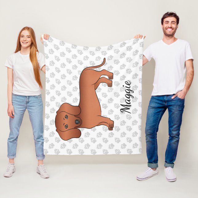Red Smooth Hair Dachshund Cute Tecknad hund & Namn Fleecefilt (På plats)
