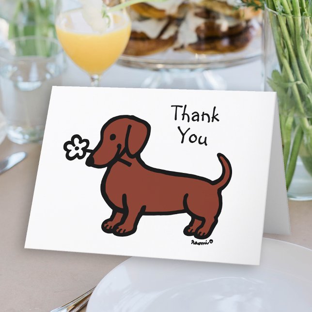 Red Smooth Hled Dachshund Tiny Flower Tack Kort (Red Smooth Haired Dachshund Tiny Flower Thank You Card for Doxie owners.  Cute sausage dog cartoon.)