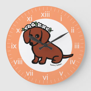 Red Smooth Hred Dachshund Flowers Stor Klocka