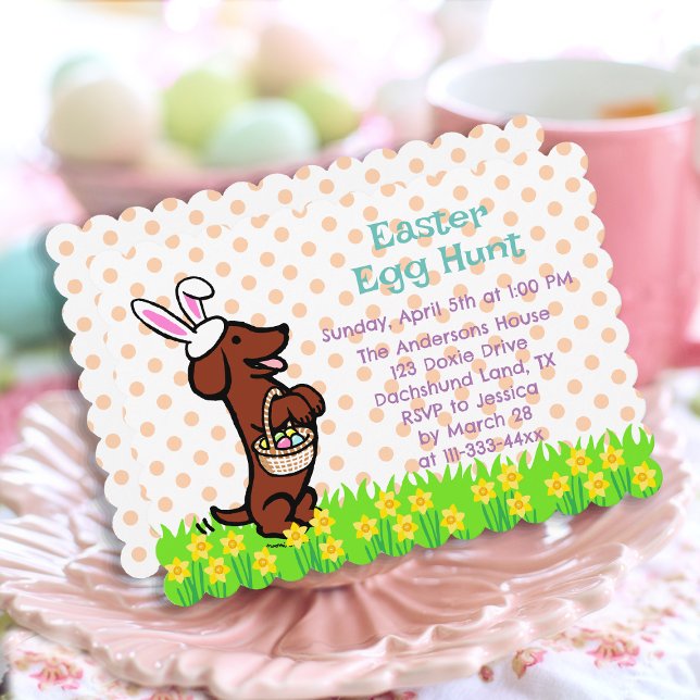 Red Smooth Hred Dachshund Påskägg Hunt Inbjudningar (Easter Egg Red Smooth Haired Dachshund Invitation for Easter Egg Hunt.  Cute Dog Cartoon Design.)