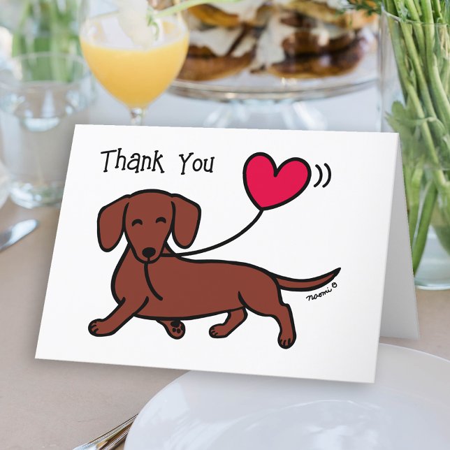 Red Smooth Hred Dachshund Smiling Tack Kort (Red Smooth Haired Dachshund Heart Balloon Thank You Card for Doxie owners.  Sausage dog cartoon.)