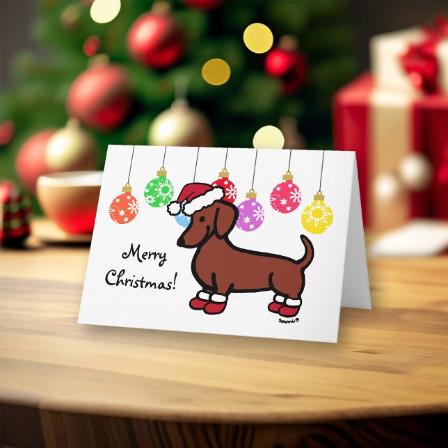 Red Smooth Hved Dachshund jul Helgkort (Red Smooth Haired Dachshund with Santa Hat and Booties Christmas Cards for Dachshund Owners.)