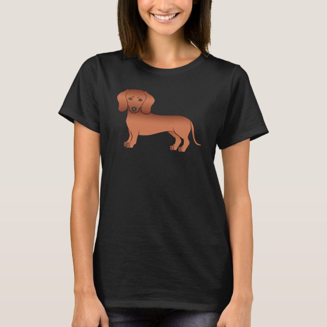 Red Smooth Jackar Dachshund Cute Tecknad hund T Shirt (Framsida)