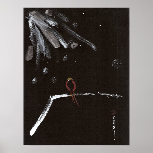 Red Snö Bird Contemplating Vår Poster (Framsidan)