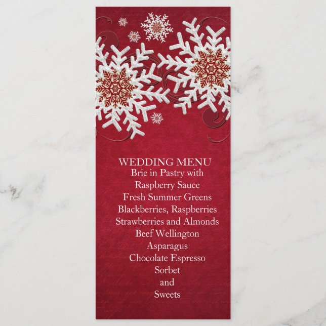 Red Snöflingor Swirls Bröllop Menu Meny (Framsida)