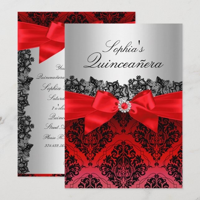 Red Snöre Damask & Bow Quinceanera-inbjudan Inbjudningar (Fram/baksida)