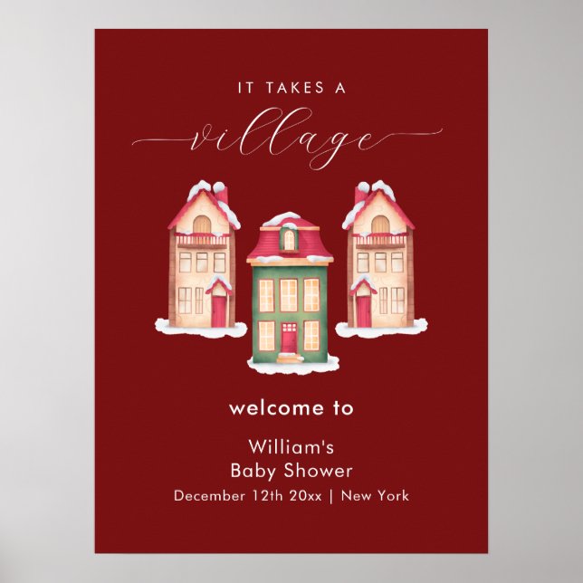 Red Snow Gingerbread Village Baby Shower Welcome Poster (Framsidan)
