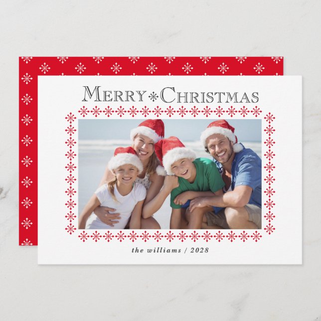 Red Snowflake Gräns julfoto Julkort (Fram/baksida)