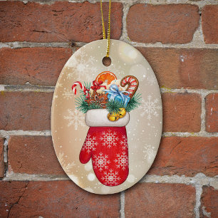 Red Snowflake Mittens med julgodis Julgransprydnad Keramik