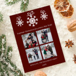 Red Snowflake Ornaments Photo Collage Julkort<br><div class="desc">Fira årstiden med det här Red Snowflake Ornaments Photo Collage Helgdag Card, som har utformats för att din festglädje. Det här fotot hälsning har en elegant med ett känsligt vitt snöflingor i en charmerande smak av snöflingor, som på ett vackert sätt visar ett fyrfotsfoto av dina familjefotografier. Modern typografi ger...</div>