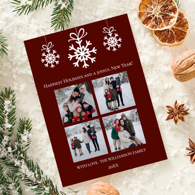 Red Snowflake Ornaments Photo Collage Julkort (Red Snowflake Ornaments Photo Collage Holiday Card)