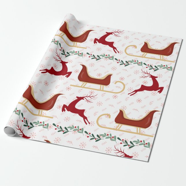 Red Snowflake & Reindeer Wrapping Paper | Festive Presentpapper (Utrullad)