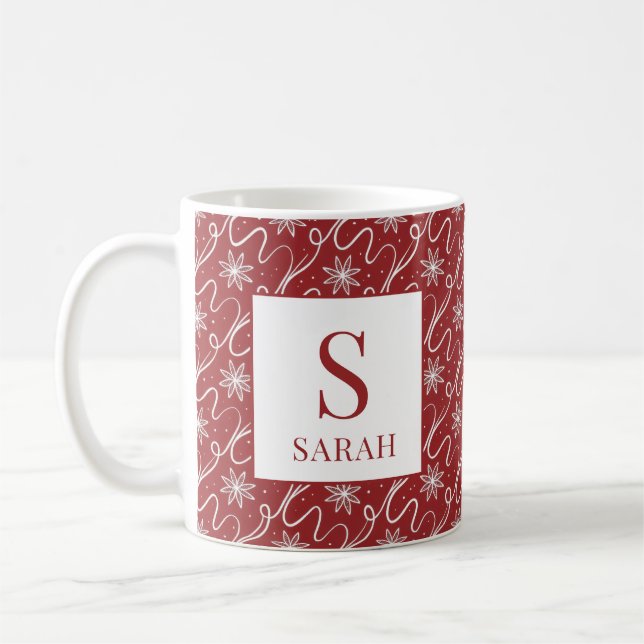 Red Snowflake Swirl Monogram Name Kaffemugg (Vänster)