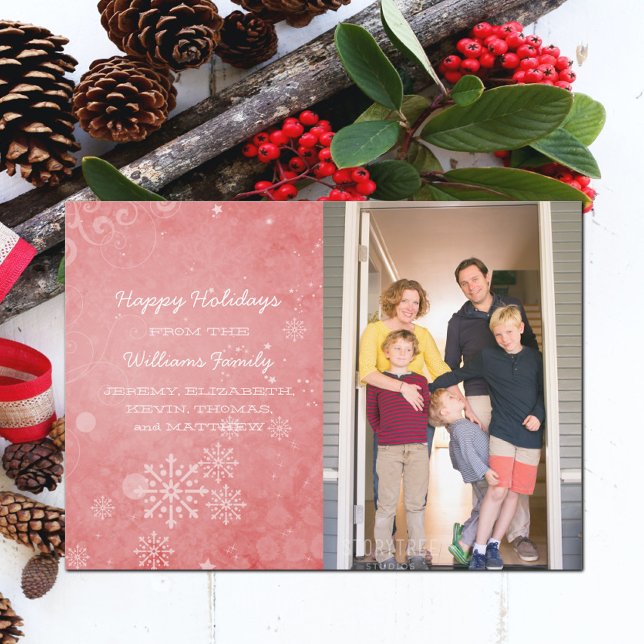 Red Snowflake Swirls Helgdag Photo Flat Card Julkort (Red Snowflake Swirls Holiday Photo Card)