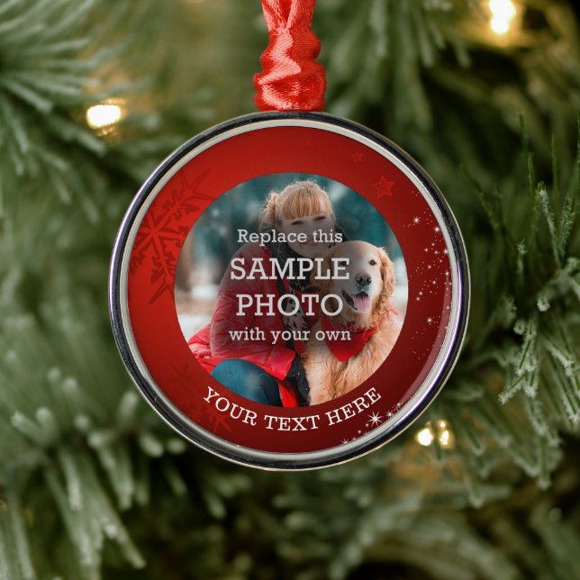 Red Snowflake White Stars Photo Anpassningsbar Tex Julgransprydnad Metall (Träd)