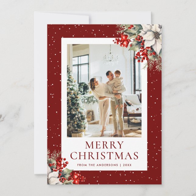 Red Snowy Botanical Photo Christmas Card Julkort (Framsida)