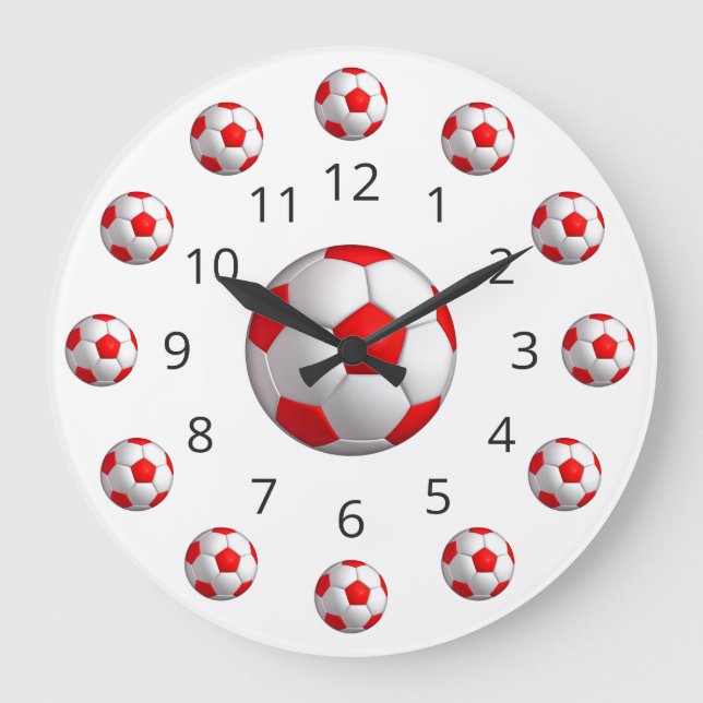 Red Soccer Ball Atom Clock med nummer Stor Klocka (Framsida)