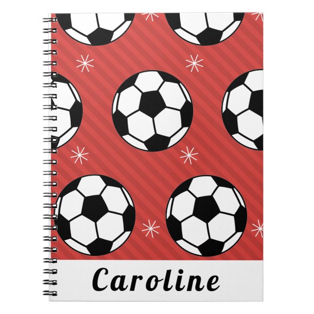 Red Soccer Ball Winter Stripe Snowflake Namn Cute Anteckningsbok (Framsidan)