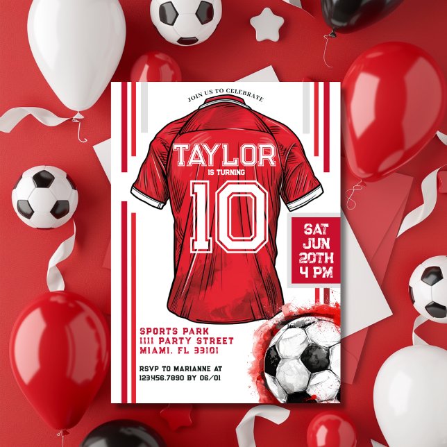 Red Soccer Boy Jersey Barns födelsedag Party Inbjudningar (Red Soccer Sports Boy Jersey Kids Birthday Party Invitation)