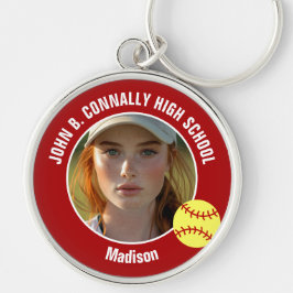 Red Softball Player Photo High School Keepsake Rund Silverfärgad Nyckelring