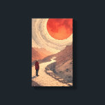 Red Sol Ligcape Canvas Art<br><div class="desc">Förbereda en planerad resa till en annan värld med detta fantastiska och surrealistiska kanvastryck. I teckningen fångas en ensam figur i en röd jacka som står i början av en vindsten väg, mot ett vidsträckt och ödelagt landskap. Framför allt dominerar en kolossal, texturerad röd sol eller planet himmel, dess ringar...</div>