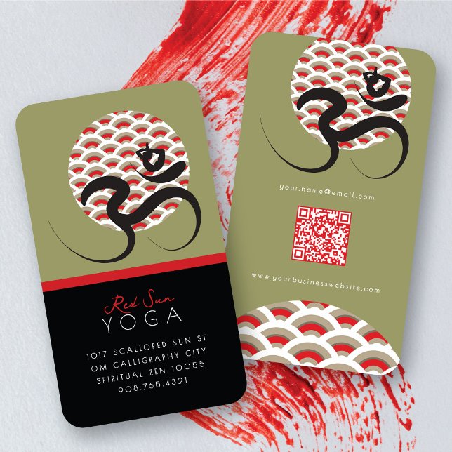 Red Sol Yoga Andlig indisk meditate Om Ohm Logotyp Visitkort (Red Sun Yoga Spiritual Meditation Modern Zen Om / Aum  Calligraphy Symbol Business Card @ fatfatin)