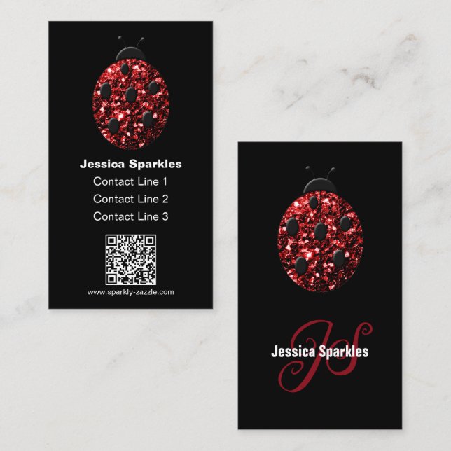 Red sparkles Ladybug QR-kod Monogram black Anpassn Visitkort (Fram/baksida)