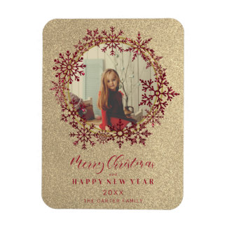 Red Sparkles Snöflingor julfamiljfoto Magnet