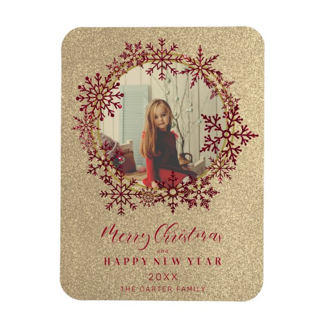 Red Sparkles Snöflingor julfamiljfoto Magnet (Vertikal)