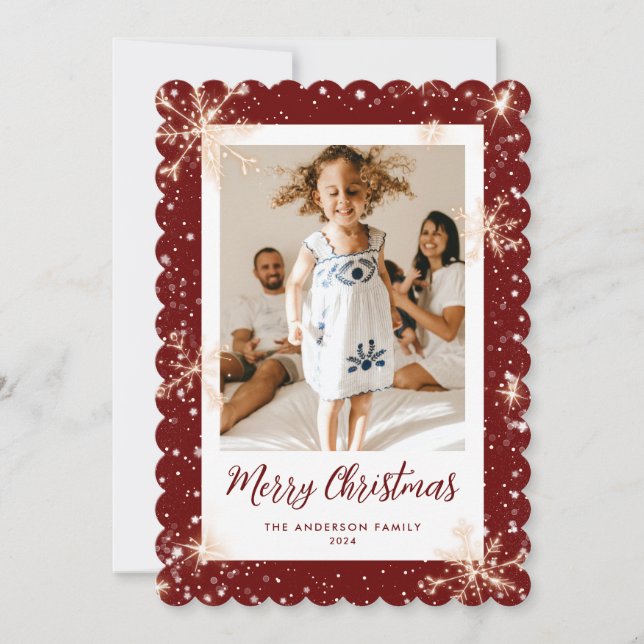 Red Sparkly Snowflake Photo God jul Card Julkort (Framsida)
