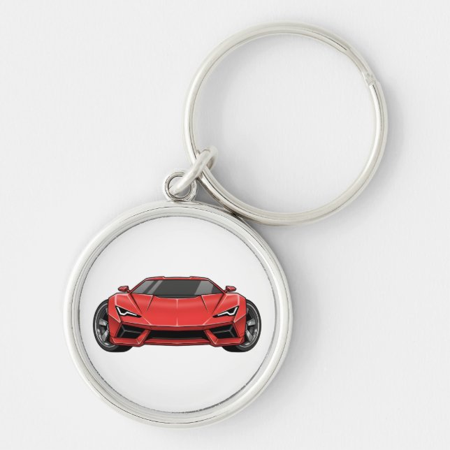 Red Sports Car Rund Silverfärgad Nyckelring (Framsidan)