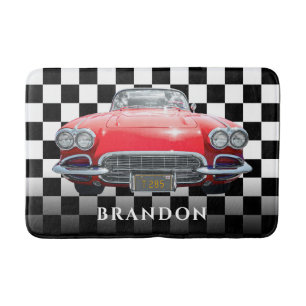 Red Sport's Car, White Namn, B/W Checkered Badrumsmatta