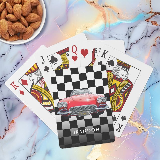 Red Sport's Car, White Namn, B/W Checkered Casinokort (Skapare uppladdad)