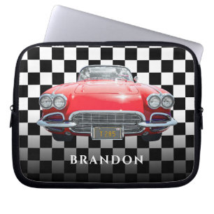 Red Sport's Car, White Namn, B/W Checkered Laptop Fodral