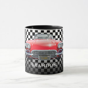 Red Sport's Car, White Namn, B/W Checkered Mugg