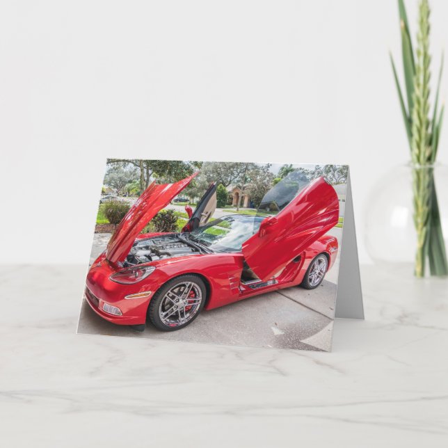 RED SPORTSCAR CONVERTIBLE FÖDELSEDAGSKORT KORT (Framsida)