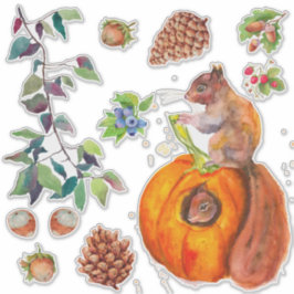 Red Squirrel Forest Acorns Gräs Cone Lövs Rustic Klistermärken