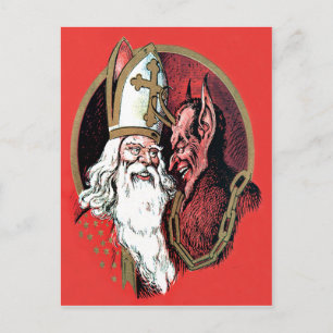 Red St Nicholas Krampus Vykort