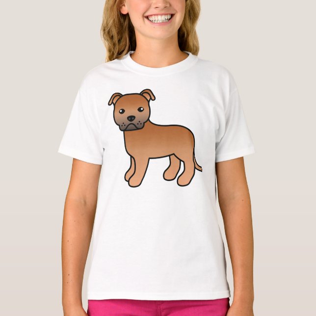 Red Stafford Bull Terrier Tecknad hund T Shirt (Framsida)