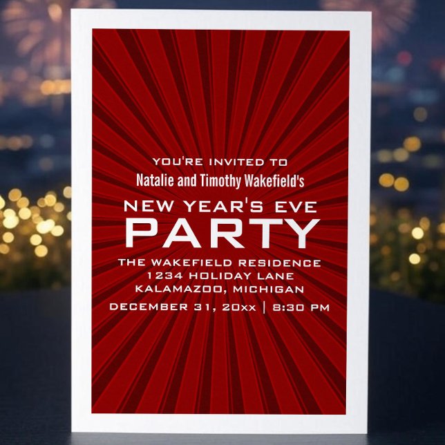 Red Starburst Rand nyår Party Inbjudan (Red Starburst Stripes New Years Party Invite)
